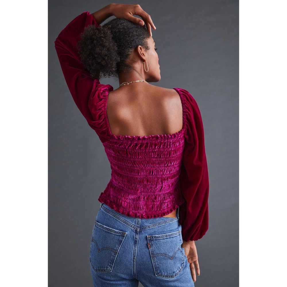 Anthropologie Womens Smocked Velvet Puff Sleeve Top Small Magenta Pink Boho - Picture 2 of 11